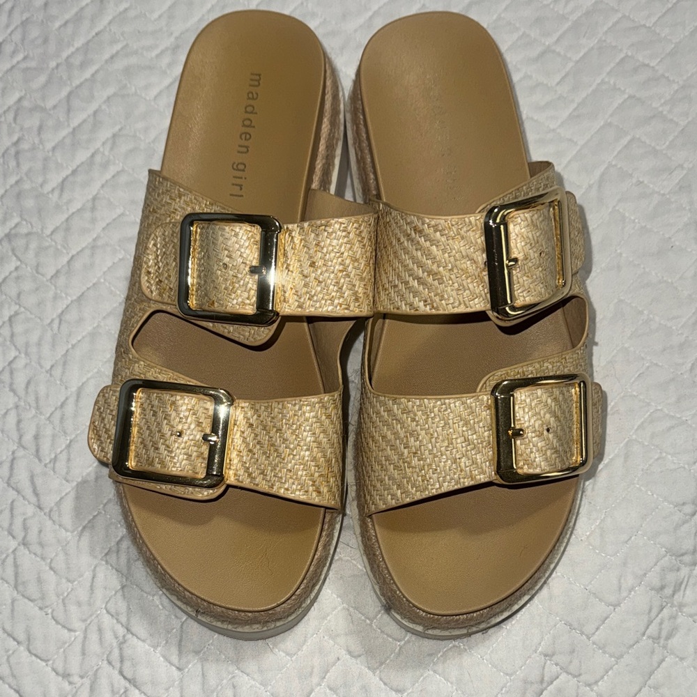 Madden Girl Tan Slide Sandals with Gold Buckles